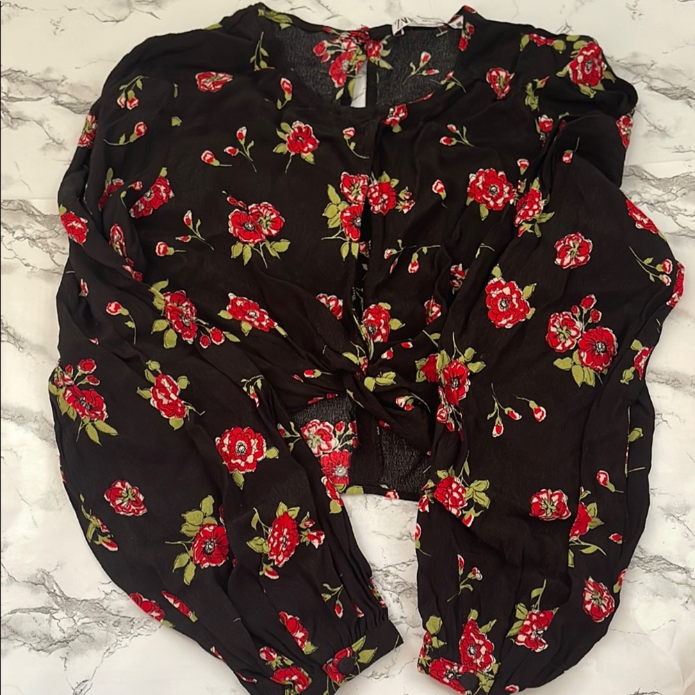 Zara Red and Green Floral Long Sleeve Blouse